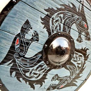 Escudo vikingo redondo de madera hecho a mano con diseño de dragón, escudo de batalla nórdico con base de hierro negro para cosplay y decoración de pared. - Product Image 4