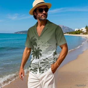 Ensemble décontracté été homme et femme : Chemise à manches courtes imprimé palmiers tropicaux et robe sans manches – Design dégradé vert en jersey - Product Image 4