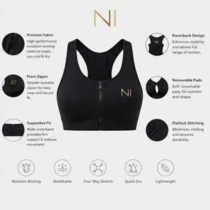 Black Front Zip Sports Bra With Gold Logo Medium Support Workout Top Women's Fitness Apparel - Product Image 2