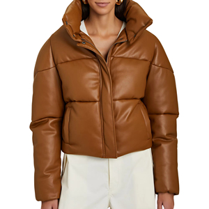 Custom Faux <b>Leather</b> Coat Warm <b>Brown</b> Oversized Stand Collar <b>Leather</b> Puffer <b>Jacket</b> - Product Image 5