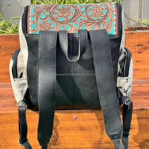 Bolsa de pañales de cuero con pelo de marca personalizada, mochila de piel de vaca con flores turquesa occidental, mochila grande de viaje para ordenador portátil - Product Image 5