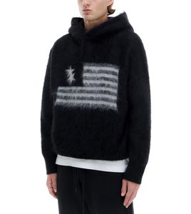Wholesale Custom Men Mohair Hoodie Sweater Intarsia Jacquard Knit Fuzzy Brushed Designer Pullover - Product Image 1