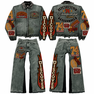 Ensemble veste et pantalon en denim délavé à l'acide 100% coton éco-responsable, style streetwear personnalisé, tenue vintage pour homme en deux pièces pour l'automne - Product Image 3