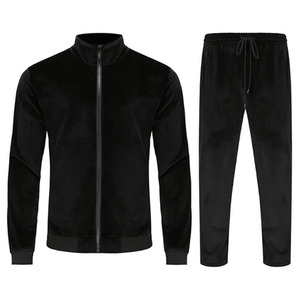 Men's Premium Onyx Velvet Tracksuit: Luxury Two-Piece Athleisure Set featuring Mock Neck <b>Zip</b>-<b>Up</b> <b>Jacket</b> and Adjustable - Product Image 1