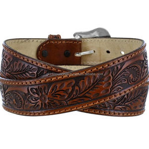 Classic Hand Carved Floral Embossed Top Quality <b>Men's</b> Western <b>Leather</b> Tooling <b>Belt</b> with Silver Plated Designer Western Buckle - Product Image 3