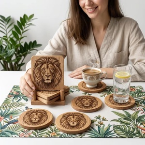 Juego de Posavasos Cuadrados Rústicos de Madera con Diseño de León, Hechos a Mano, 10 cm de Diámetro, Arte con Cuentas - Product Image 5