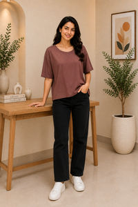 Top Corto Oversize de Algodón Estampado de Alta Calidad para Mujer, Manga Corta, Cuello Redondo, Color Marrón, Uso Diario Informal, Venta al por Mayor - Product Image 5
