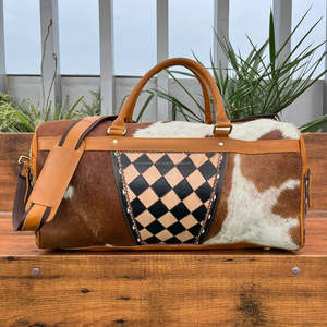 Custom Multifunction Large Capacity Checkered Design <b>Hand</b> <b>Tooled</b> Leather Duffle Bag Genuine Hair-On Leather Travel Outdoors Bags - Product Image 4