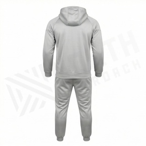 Ensemble de survêtement gris à capuche pour homme, fermeture éclair intégrale, couleur unie, vêtements de sport décontractés avec poches latérales, matière polyester respirante - Product Image 2