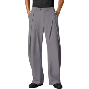 Pantalon large plissé en laine noire pour homme, coupe droite décontractée, taille élastique, style urbain - Product Image 3