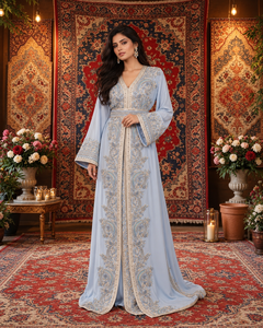 Caftán Marroquí de Terciopelo Color Ciruela Mishkat Couture, Bordado a Mano Intrincado, Cuello en V, Manga Larga, Largo Maxi, Corte Holgado, para Mujeres Musulmanas - Product Image 1