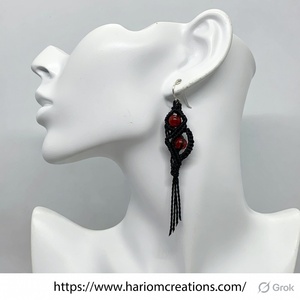 Pendientes de Macramé Hechos a Mano con Cornalina, Estilo Boho, con Piedra Preciosa Roja Colgante, Cordón Negro, Joyería Curativa, Regalo para Mujer - Product Image 2