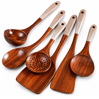 Ensemble d'ustensiles de cuisine en bois faits à la main avec manche émaillé – Cuillère, spatule, louche de cuisson de qualité supérieure – Bois naturel écologique – Lot de 6 outils