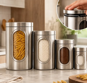 Three Sleek Shiny Brass Copper Steel Storage Jars clear Thematic Prints Flip Top Lid Classic Design for Sugar Tea Coffee - Product Image 2