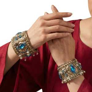 Exquisite Elaborate Traditional Tribal Wedding Gift Hand Jewelry <b>Set</b> Featuring Deep Luminous Blue Pearl Oval Beads Strung - Product Image 1