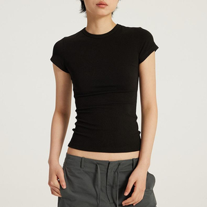 Camiseta de Verano para Mujer, Corte Ajustado, Cuello Redondo, Informal, Elástica, Tejida, 100% Algodón, Básica, Manga Corta, Transpirable, Color Sólido - Product Image 1