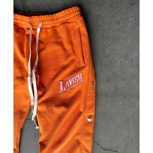 Pantalones de chándal personalizados de tejido grueso naranja con efecto rasgado, estilo urbano para hombre, vintage, con lavado ácido, botones a presión, pantalones deportivos de corte holgado, joggers de forro polar. - Product Image 3