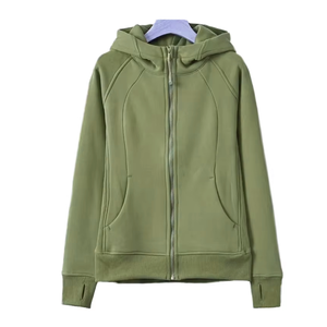 Chaqueta con capucha para mujer, de otoño, para gimnasio, con logo personalizado, color liso, cremallera completa, holgada, para correr al aire libre, diseño estampado antiencogimiento - Product Image 6