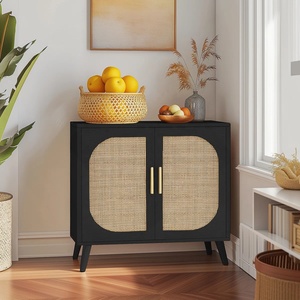 Modern black Wood and Rattan <b>Cabinet</b> with Double Door Elegant Black Finish Stylish Storage Unit for Living Room and Bedroom - Product Image 1