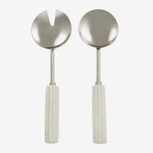 Ensemble de service à salade grand format à prix abordable avec manche en marbre, cuillère et fourchette de service plaquées or, ustensiles de cuisine, couverts - Product Image 2