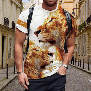 Camiseta con Sublimación Gráfica de León Dorado 3D - Estampado Artístico de Doble León, Blanca, Estilo Urbano, Manga Corta, Informal, a la Moda - Product Image 5