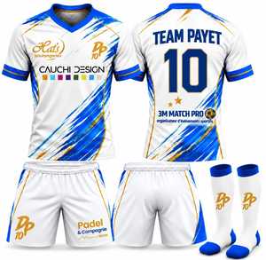 ชุดฟุตบอลสั่งทำพิเศษ สีขาวน้ำเงิน พิมพ์ลายแบบซับลิเมชั่น ชุดทีมแขนสั้น กางเกงขาสั้น ถุงเท้า 100% - Product Image 1