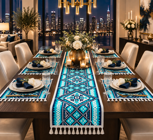 Tapis de couloir géométrique tissé à la main, écologique, imperméable, bleu et blanc, avec franges, style oriental, pour entrée et chambre - Product Image 5