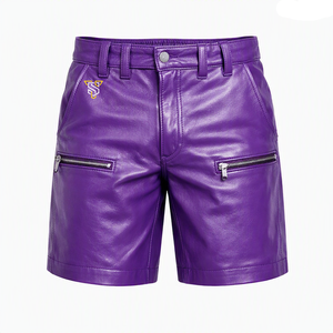 Men's High Waist Leather <b>Shorts</b> With <b>Zipper</b> Pockets Moto Style Solid Color Front Logo Design - Product Image 1