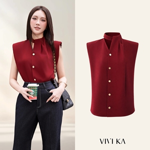 Blusa Roja sin Mangas para Mujer, Cuello Mandarín, Botones al Frente, Satén Elegante, para Oficina, Color Sólido, Corte Regular, MIRANDA - Product Image 1