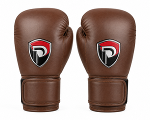 Guantes de Boxeo Verticales de Cuero Marrón Dumela International con Diseño de Logotipo Shield, Modelo DI-BG-07 - Product Image 1