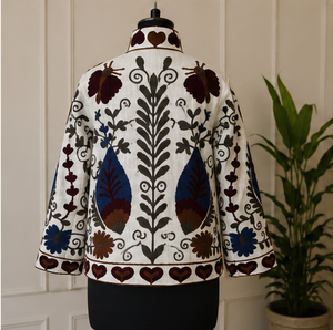 Designer Cream Suzani Cotton <b>Velvet</b> <b>Jacket</b> <b>for</b> <b>Women</b> Handmade Heart Border Floral Embroidery Wholesale Winter Fashion - Product Image 3