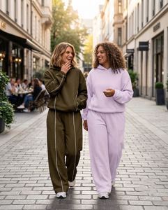 Custom Logo Women's Oversized Hoodie and Wide Leg Jogger Tracksuit <b>Set</b> Fleece Contrast Piping Casual Contrastline Sweat Suit - Product Image 4
