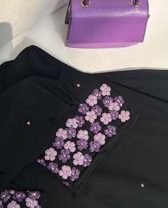 Abaya noire à fleurs brodées, faite à la main, évasée, à manches longues, robe de prière islamique modeste, style Moyen-Orient, polyester - Product Image 6