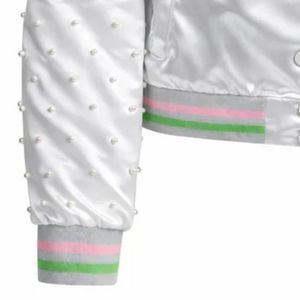 AKA <b>Silver</b> Satin Pearl <b>Jacket</b> Women Shiny Bomber Style Embellished Sleeve Trim Lightweight Fashion Greek Sorority Apparel Coat - Product Image 4