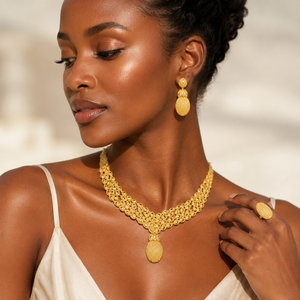 Vintage Gold Plated Brass Oval Floral Mesh Design Charm Necklaces Box <b>Chain</b> Jewelry set for African & Arabic Women's - Product Image 3