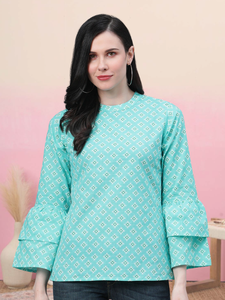 Ensemble long 2 pièces pour femme, imprimé géométrique, haut formel bleu ciel en coton, confortable, respirant, pour un usage quotidien estival, élégant - Product Image 4