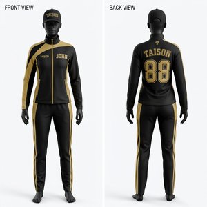 Survêtement d'entraînement de hockey sur glace pour femmes de qualité supérieure, polyester et élasthanne, noir et or, logo personnalisé, nom et numéro, 280 GSM, vêtements de sport - Product Image 1