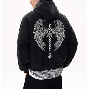 Sudadera con Capucha Aicd Wash con Estampado Gráfico Gótico, Sudadera Oversize con Estampado de Calavera y Alas, Estilo Grunge, Corte Casual - Product Image 2