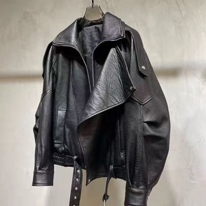 Genuine <b>Leather</b> Motorcycle Jacket Women's Stand Collar Full Sleeve Zipper Closure Solid Color Autumn <b>Short</b> Length - Product Image 3