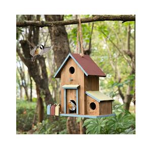 Mangeoire à oiseaux en bois avec grande maison à oiseaux peinte pour l'extérieur et l'intérieur, décoration naturelle suspendue pour oiseaux - Product Image 5