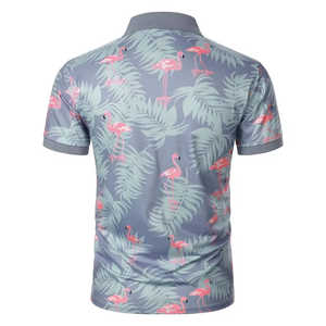 Polo pour homme à imprimé flamants roses et palmiers, style resort été 2026, manches courtes, coupe ajustée, gris et rose, vêtements de vacances - Product Image 5