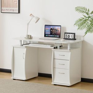 Scrivania per computer con una porta e tre cassetti, in truciolato bianco con laminato melaminico, 115x55x74 cm - Product Image 2