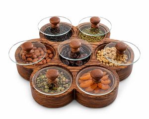 Tarro de Almacenamiento Cuadrado de Madera Pulida con Tapas de Vidrio y Compartimentos Divididos para Frutos Secos, Exhibición Moderna para Mesa, Decoración Artesanal - Product Image 1