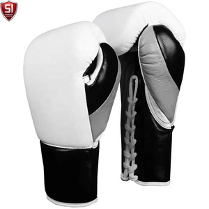 Gants de boxe SUMROOS SI en cuir de vachette blanc et noir, à lacets, durables, confortables, avec sangle de poignet réglable - Product Image 1