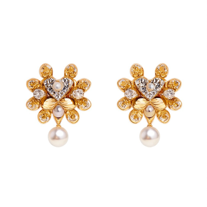 Golden Stone Floral Stud Earrings with Zircon Pearl & Diamond Accents - Product Image 1