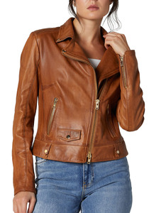 Chaqueta de Motociclista de Cuero Genuino para Mujer, Manga Larga, Cierre de Cremallera, Cuello Alto, Estilo Otoñal - Product Image 3