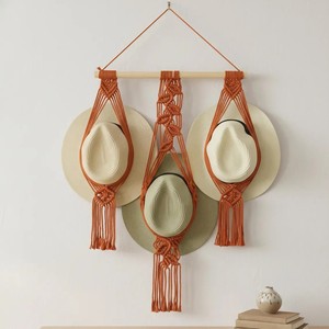 JNC set-3 Porte-chapeaux mural en macramé de coton bohème à 3 fentes pour chapeaux de paille, organisateur mural pour l'entrée - Product Image 1