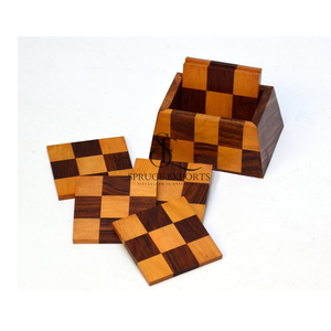 Handcrafted Checkerboard Wooden <b>Coaster</b> <b>Set</b> With Box. Dual-Tone Finish Square Shape Drink Mats For Elegant Table Decoration - Product Image 2