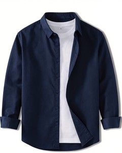 Camisa Casual de Manga Larga para Hombre, Color Azul Marino, Cuello Clásico, Antiarrugas, Tela Popelina, Manga Larga, para Otoño - Product Image 1