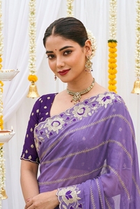 Blusa de Sari de Seda Bordada en Morado, Tradicional India y Pakistaní, para Mujer, Larga hasta el Suelo, Corte Regular, Sin Arrugas, Protección Solar - Product Image 2
